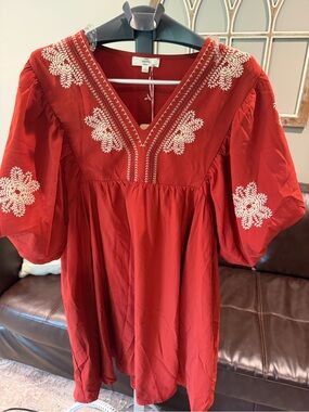 Rust / dark red Embroidered V-Neck dress